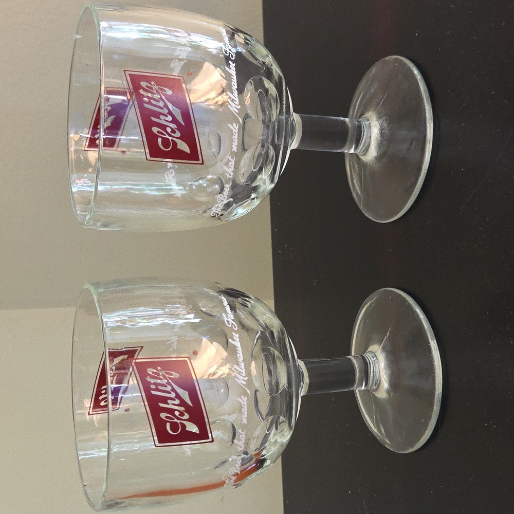 Set of 2 Vintage 1970's Schlitz Goblet Beer Glass Glasses Stemmed Thumb Print